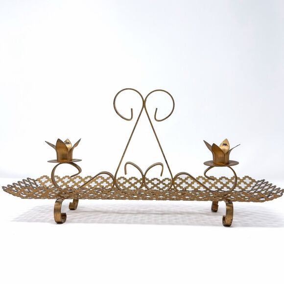 Other - Vintage Brass Tone Quatrefoil Candle Holder Tray Hollywood Regency 15”